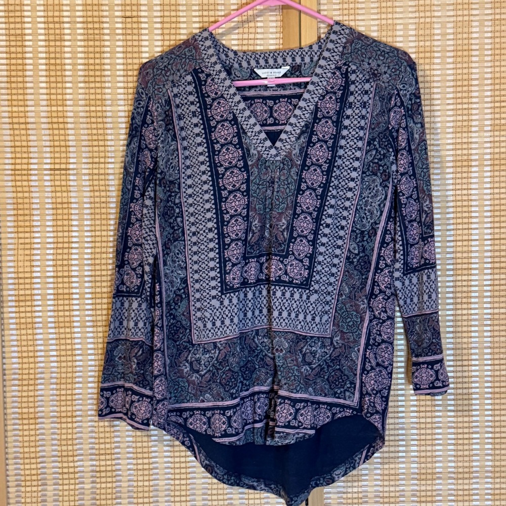 Lucky Brand Navy Pink Paisley Boho V-Neck High Low Top Large Cottagecore Casual